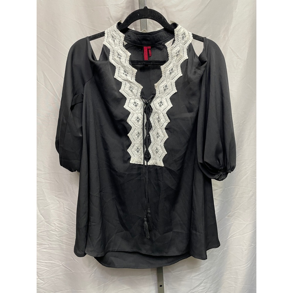 LOVE SCARLETT Black Lace Trim Cold Shoulder Lace‎ Up Blouse Top Women's L